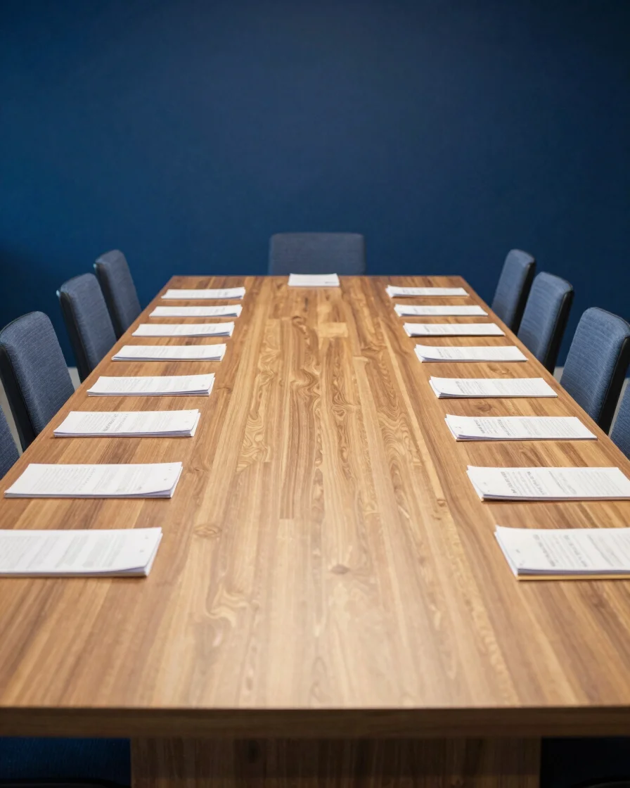 Ambiente de reunião profissional com mesa de madeira, documentos organizados e cadeiras vazias, luz natural suave, azul-